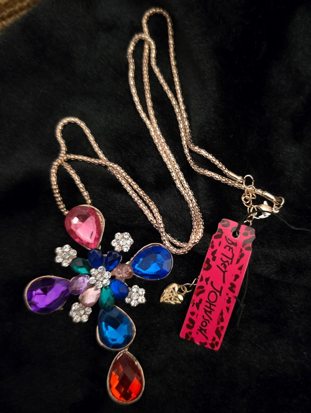 Gold-Tone Multicolor Teardrop Cross Pendant Necklace